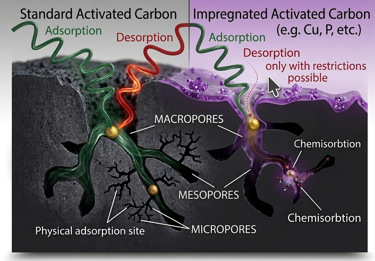 Detaildiagramm physikalische Adsorption versus Chemisorption an Aktivkohle-Porenoberflächen – Van-der-Waals-Kräfte vs. chemische Bindung