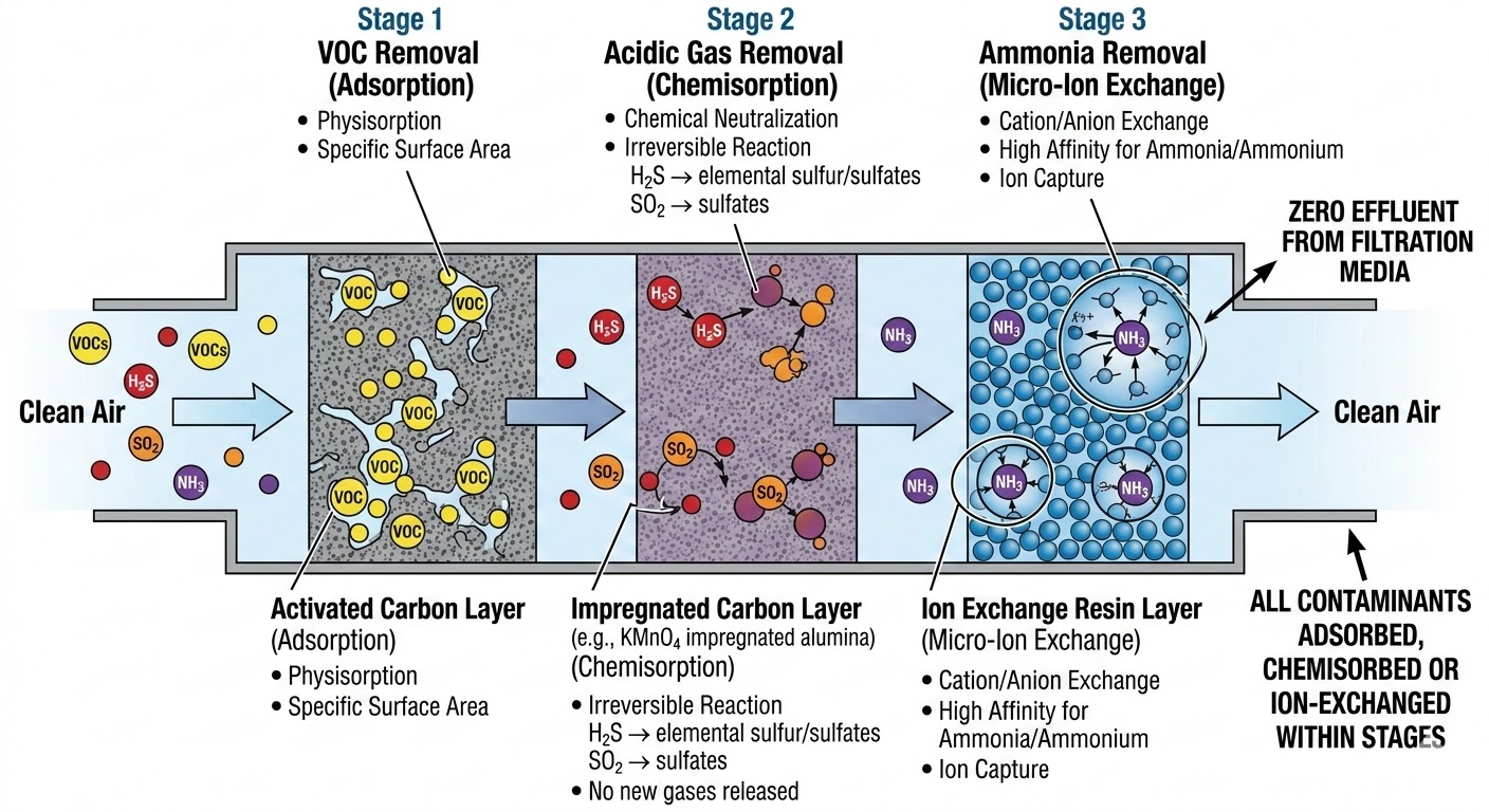 Vergleich der drei Gasentfernungsmechanismen – Physisorption an Aktivkohle, Chemisorption an imprägnierter Aktivkohle und Mikroionenaustausch an Polymerharzen – ISO 10121 molekulare Filtration